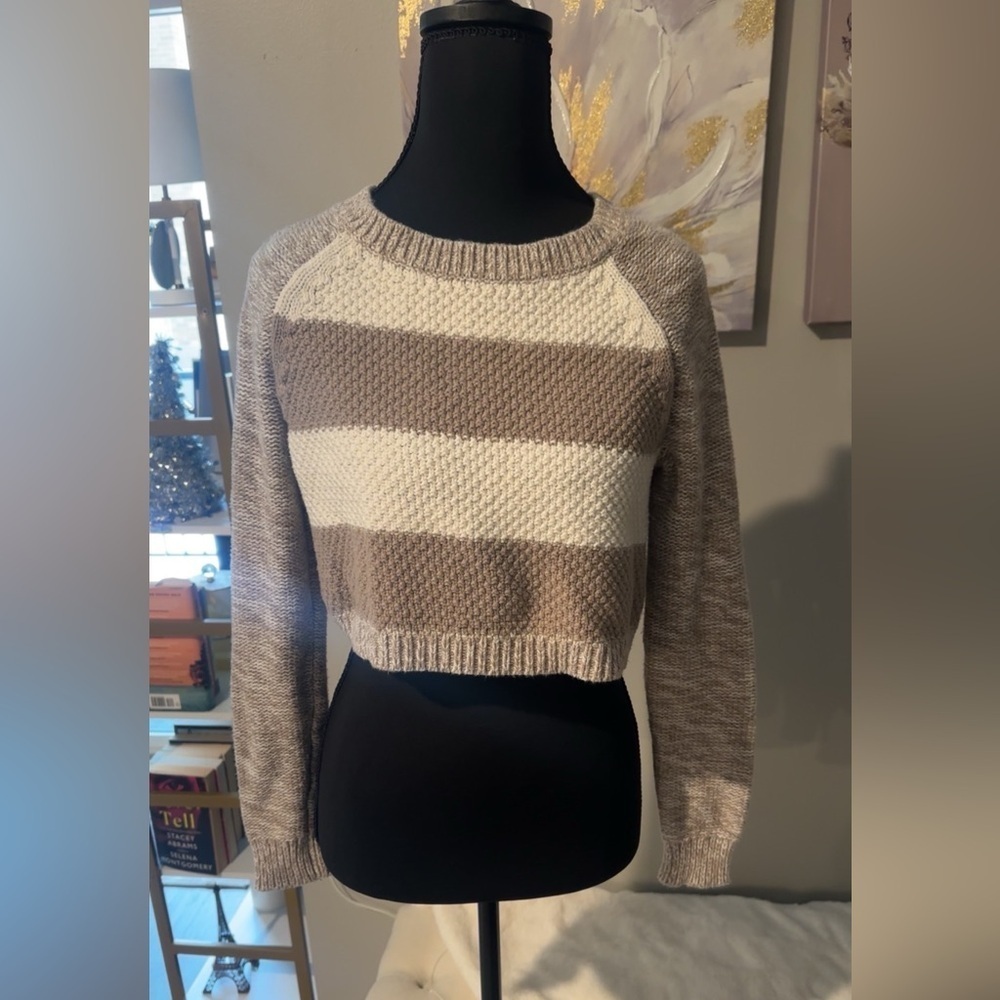Express Taupe and Cream Striped Knit Cropped Sweater